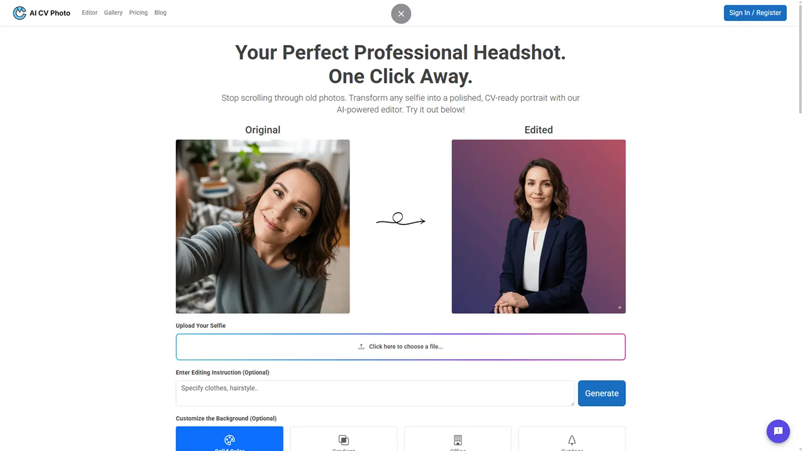 AI CV Photo editor showing a before and after portrait